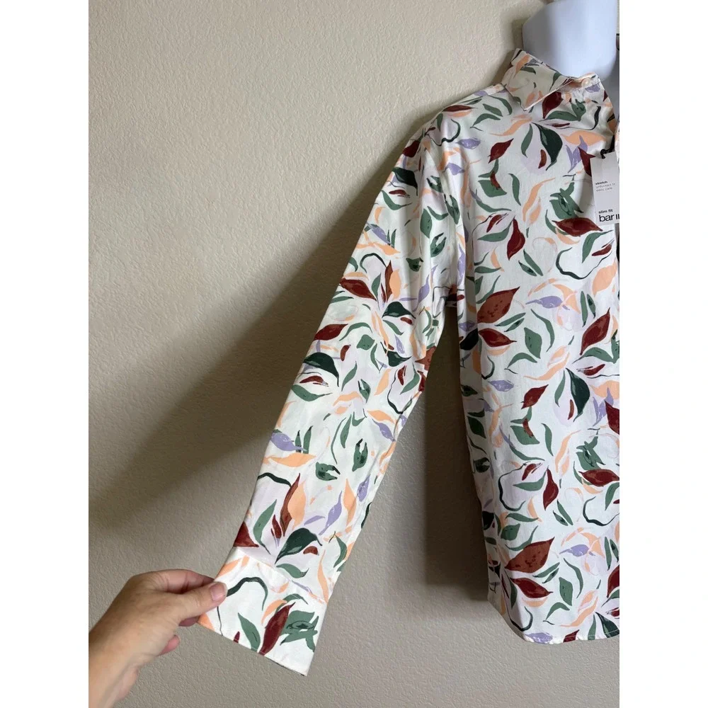 Bar III Mens L Button Down Shirt White Abstract Leaf Print Slim Fit Stretch NEW